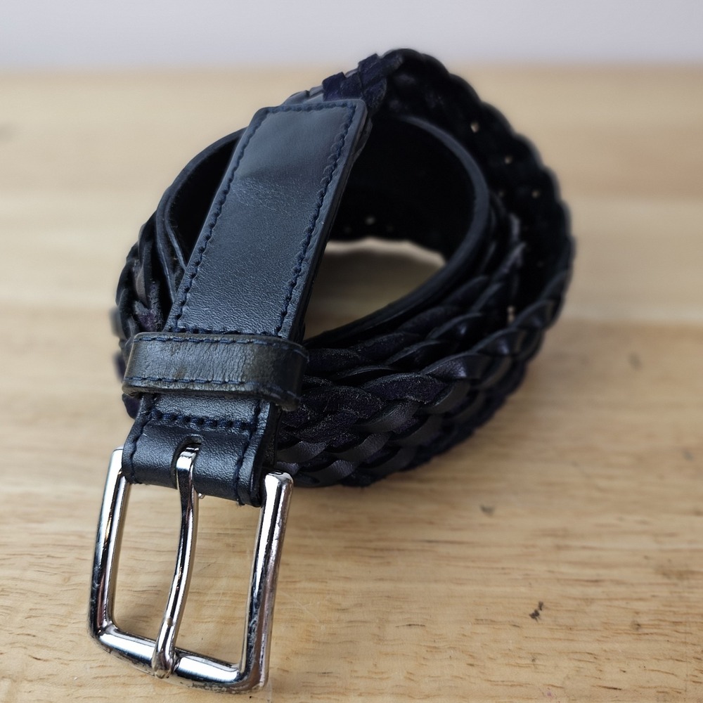 Brooks Brothers 40 Black Purple Woven Leather Belt Silver Buckle Men's Classic